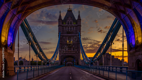 Wide view of beautiful sunset over the Tower Bridge in London, England, UK