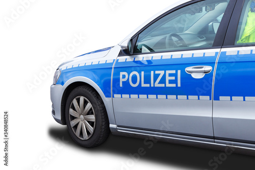 Polizeiwagen mit Schriftzug Polizei, blau