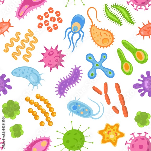 Seamless pattern with color cartoon bacteria, viruses and germs . Microorganism cells repeating background for textil design, wrapping papper, wallpapper.