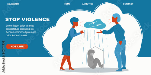 Psychological problems of a child with a divorce and quarrels of parents. Vector banner or landing template.