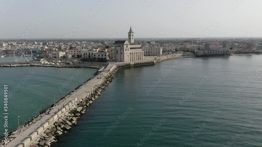 Aerial view, flight at the Cathedral of San Nicola Pellegrino, Sea Cathedral of Trani, Puglia, Southern Italy, Italy Aerial view, flight at the Cathedral of San Nicola Pellegrino, Sea Cathedral of Trani, Puglia, Southern Italy, Italy