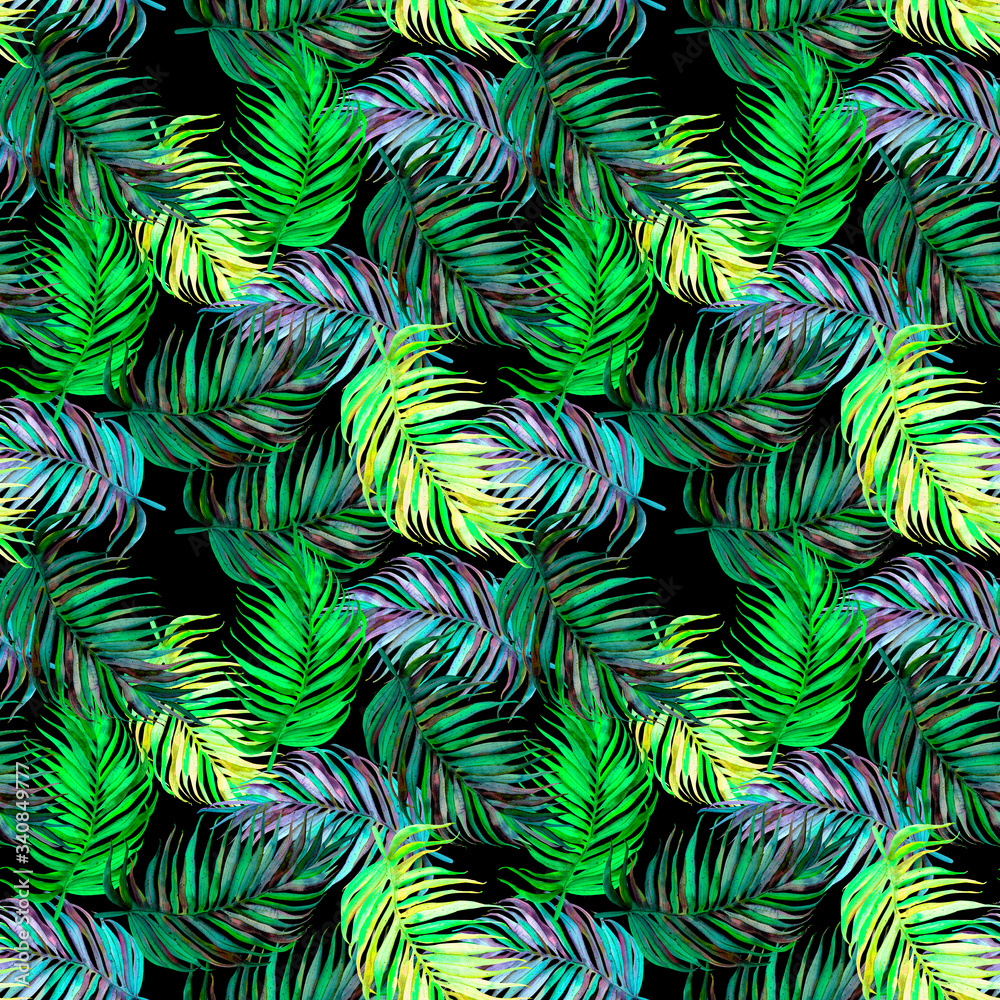 Seamless exotic pattern with tropical palm leaves in vintage style. Jungle botanical watercolor illustration
