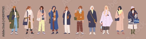 Set of fashion woman in trendy clothes vector cartoon illustration. Collection of classy colorful street style outwear female isolated. Fashionable girl demonstrate winter, spring and autumn clothing