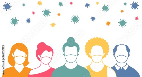 People in protective masks and flying coronavirus in flat style. Men and women wearing medical masks to prevent disease, flu, quarantine concept.