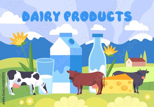 Colorful poster design for dairy products with assorted cows in a lush green spring pasture with a glass  bottle and carton of milk  vector illustration