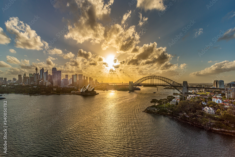Fototapeta premium Aerial of sunset over Sydney harbour