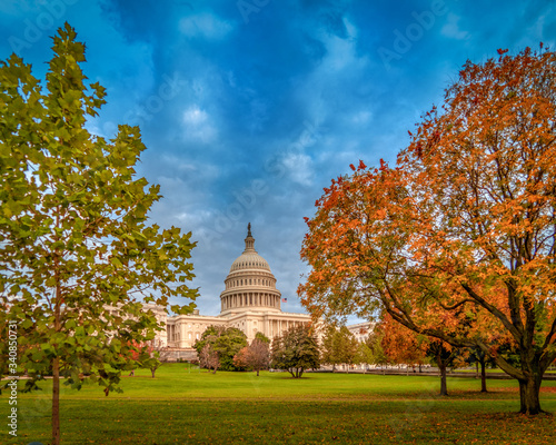 Goverment Capitol building in Washington DC with park and green floor and blue sky , USA, United States of America