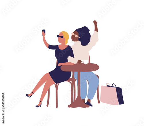 Stylish cartoon diverse woman posing taking selfie at cafe vector flat illustration
