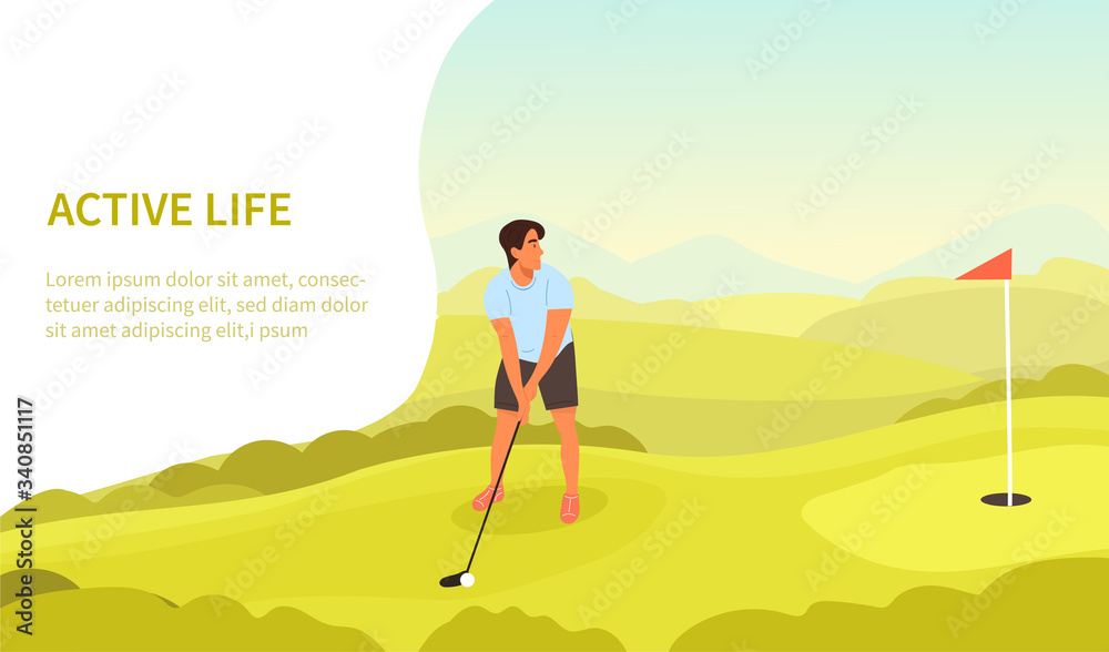 Active healthy outdoors lifestyle concept with golfer playing a putt near the flag and space for text, vector illustration