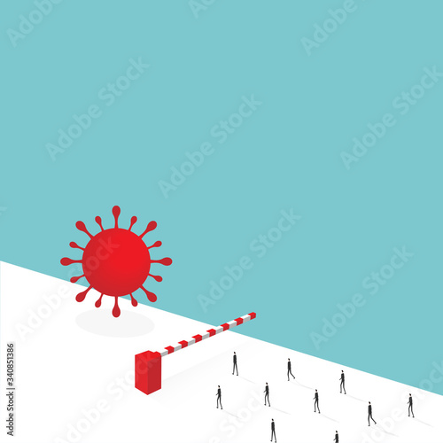Quarantäne - Geschäftsmänner stehen vor Schranke, Virus dahinter. covid-19, Strategie zum Schutz, Lösung. Vektor.	