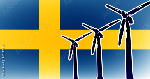 Wind alternative energy in Sweden vector illustration wind generator on flag background colored blue, yellow