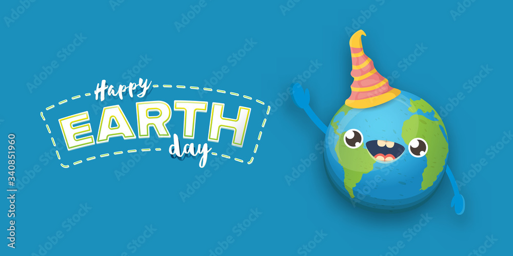 Naklejka premium Cartoon earth day horizontal banner with cute smiling earth planet character with funny hat isolated on blue sky background. Eath day concept horizontal design template with funny kawaii earth globe