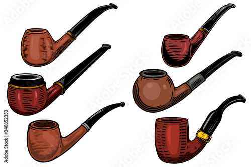 Set of illustrations of smoking pipes in engraving style. Design element for logo, label, sign, poster, t shirt. Vector illustration