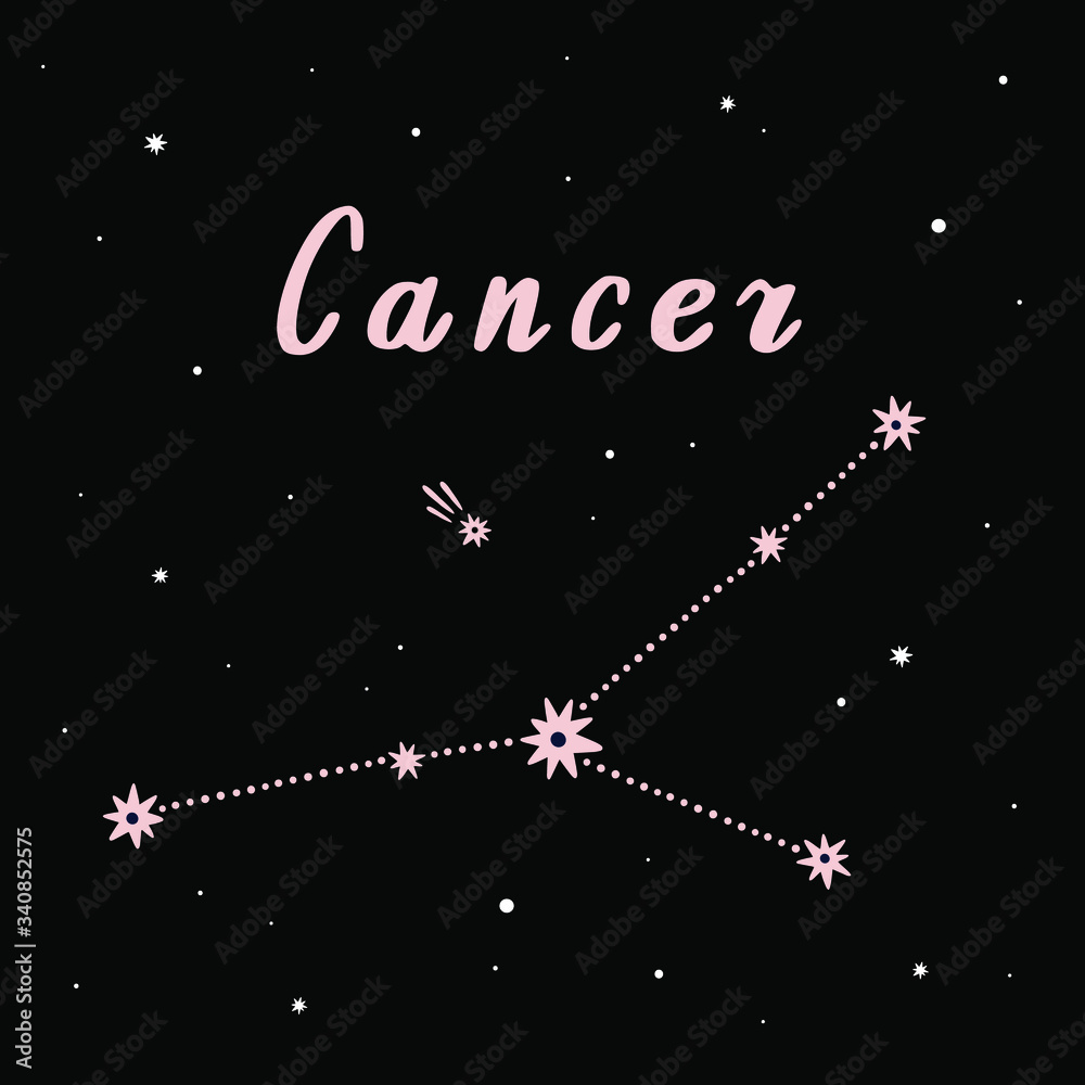 Vector illustration of Cancer zodiac sign on a black starry background.