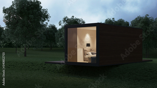 House from a construction transport container sheathed by boards against the background of nature. Night lighting. 3D rendering.