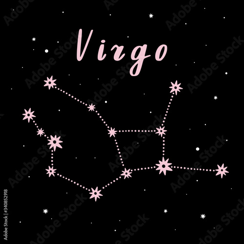 Vector illustration of Virgo zodiac sign on a black starry background.