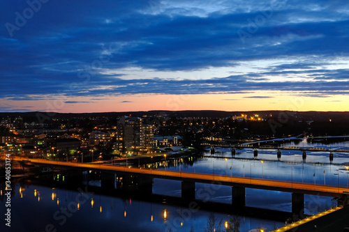 Umea river and bridges at sunset, Umea, Vasterbotten, Sweden