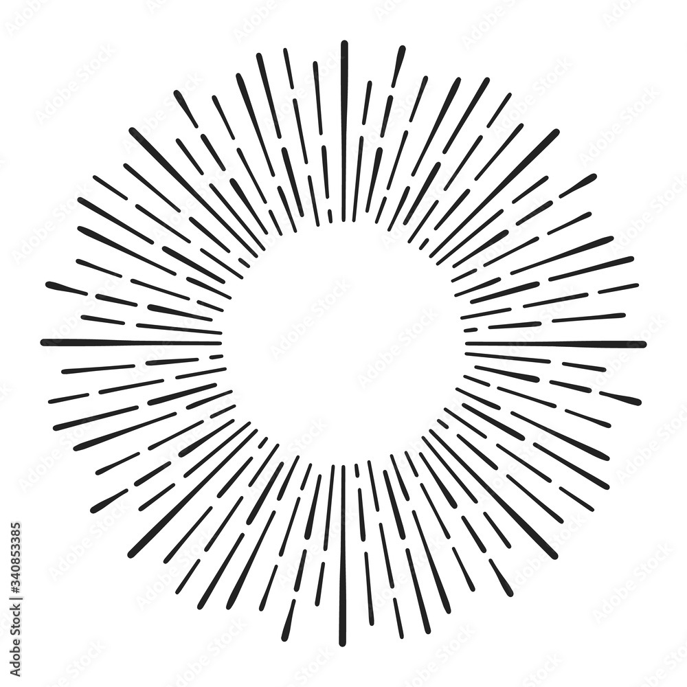 Fototapeta premium Sunburst doodle line art. Hand drawn sun burst, round banner with circle explosion. Retro sketch radial rays, black frame isolated on white background. Handmade design element