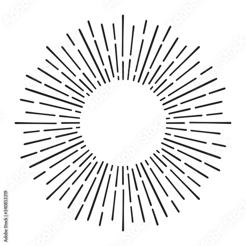 Sunburst doodle line art. Hand drawn sun burst, round banner with circle explosion. Retro sketch radial rays, black frame isolated on white background. Handmade design element