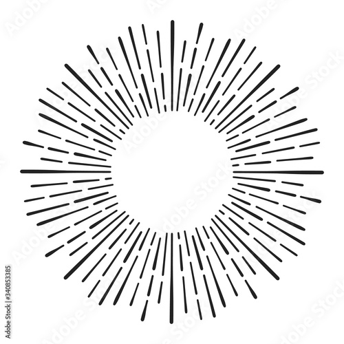 Sunburst doodle line art. Hand drawn sun burst  round banner with circle explosion. Retro sketch radial rays  black frame isolated on white background. Handmade design element