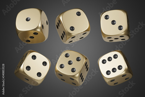 Set of golden dice isolated on black background. 3d rendering - illustration.
