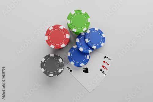 Chips and poker isolated on white background. 3d rendering - illustration.
