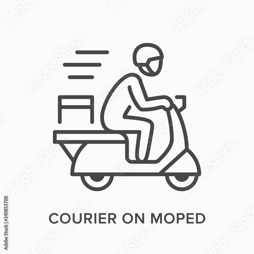 Courier on moped line icon. Vector outline illustration of express delivery. Scooter pizza guy pictorgam