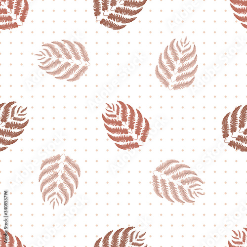 Fern leaves vector seamless pattern background. Modern forest plant on polka dot backdrop. Duotone brown white hand drawn botanical foliage design. All over print for fall, autumn concept, packaging