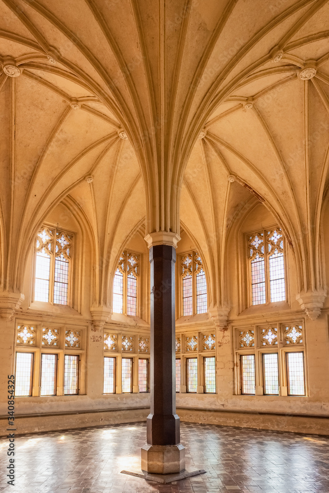 Interior of the Gothic hall of the medieval castle in Malbork, Poland