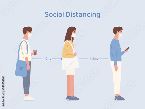 People wearing a mask doing social distancing while standing in queue in a community. Illustration about way to prevent Covid-19 spread in public place.