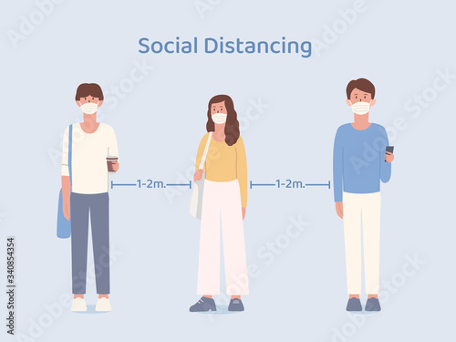 Man and Women who wearing a mask taking social distancing while standing in queue. Illustration about way to prevent Coronavirus spread in public place.
