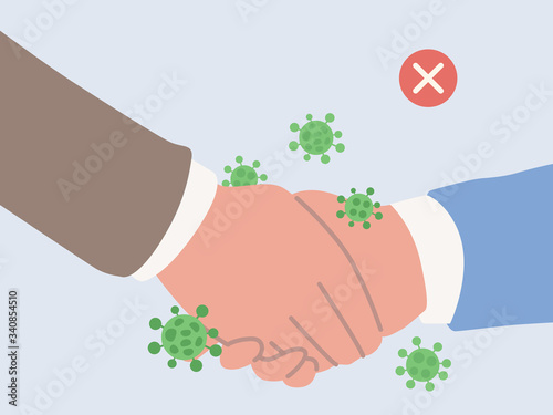 Handshake of 2 people make virus spreading that is wrong way to greet when Covid-19 outbreak. Illustration about physical distancing for protect virus inflection from touching hand.