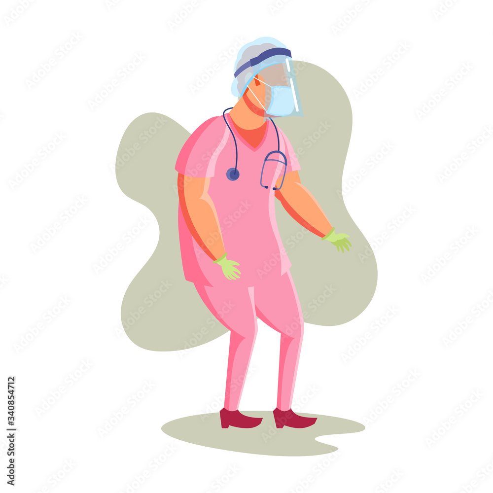 Flat Character Illustration Representing Male Nurse Wearing Pink Uniform, Head Cover, Face Shield, and Mask Flat Character Illustration Representing Male Nurse Wearing Pink Uniform, Head Cover, Face Shield, and Mask