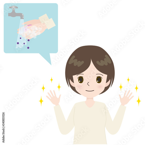 手洗い　清潔な手を見せる女性