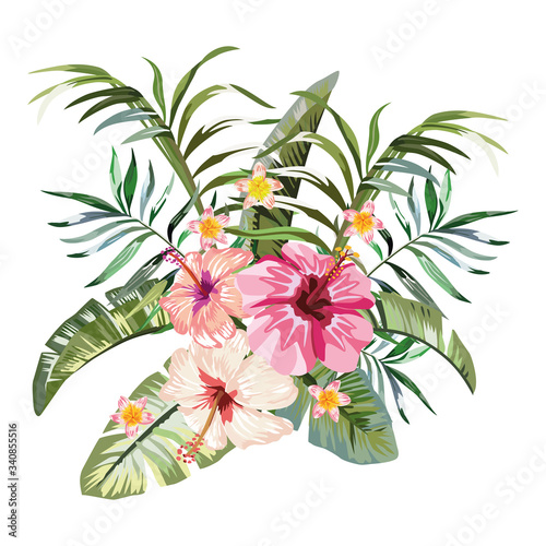 Tropical flowers composition white background