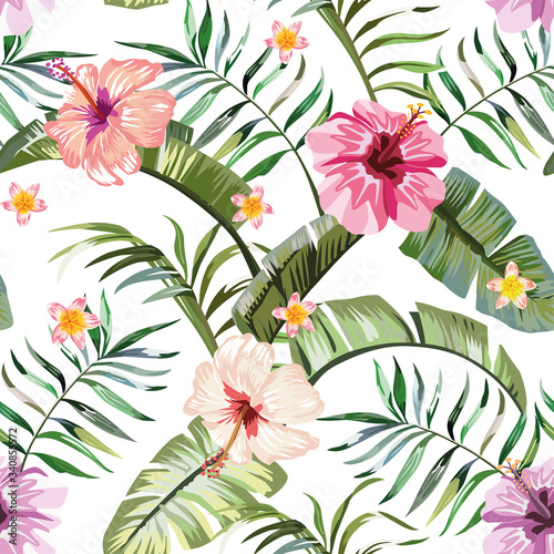Tropical flowers composition white background seamless