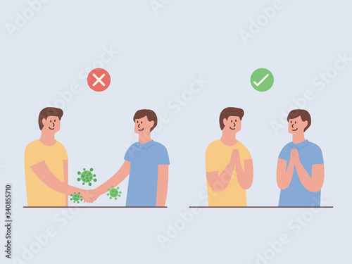 Safe greet is no handshake and no hands contact. Use greet in Asian style for prevent the spread of COVID-19 and inflection. Illustration about Right and wrong ways to protection your self from virus.