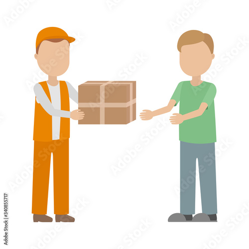 Courier deliver parcel to man. Vector illustration.