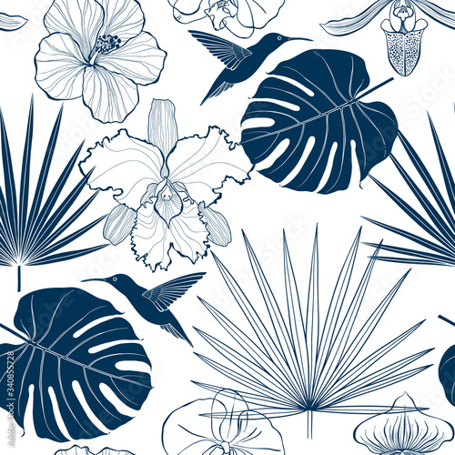 Seamless pattern with tropical elements on white. Summer cartoon background. Vector illustration. Silhouettes.