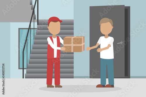 Courier deliver package to man near his door. Vector illustration.