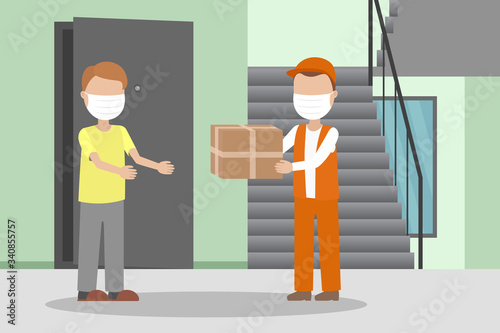 Courier in face mask deliver parcel to man near his flat. Vector illustration.