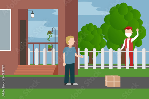 Safe package delivery during quarantine. Courier in medical mask. Vector illustration.
