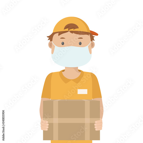 Courier in medical mask hold parcel. Vector illustration.