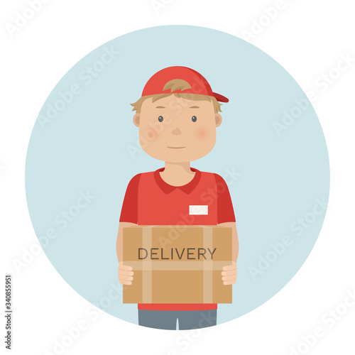 Courier hold package. Vector icon.