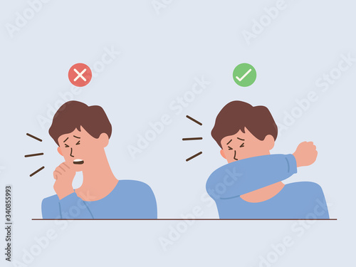 Man showing the way to coughing and Sneezing correctly and incorrectly when you don't wear a mask, Should doing that into upper sleeve, not hands. Illustration about stop spread Diseases.