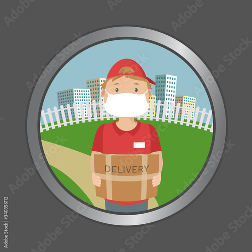 Courier in medical mask. View from peephole. Vector illustration. photo