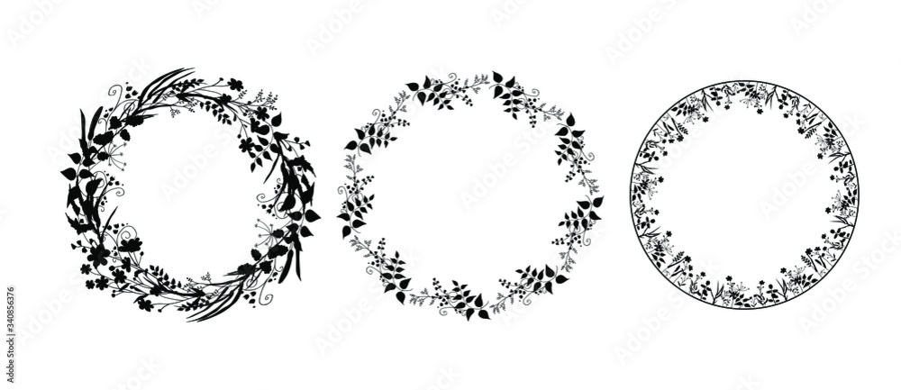 Set of silhouettes of wreaths of field herbs and plants. Black vector round frames isolated on white background. Medicinal flowers, twigs, leaves. Template design for print, cosmetics, tea, pharmacy. Set of silhouettes of wreaths of field herbs and plants. Black vector round frames isolated on white background. Medicinal flowers, twigs, leaves. Template design for print, cosmetics, tea, pharmacy.
