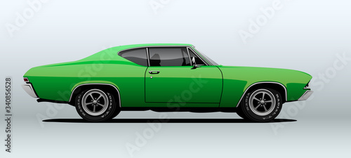 Green muscle car, view from side, in vector.
