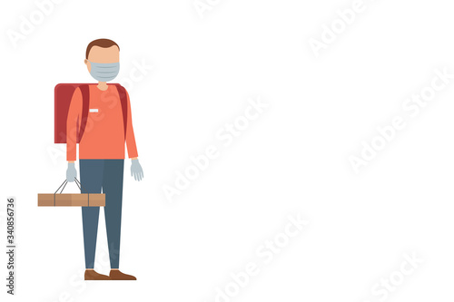 Safe food delivery. Courier in medical mask. Vector illustration.