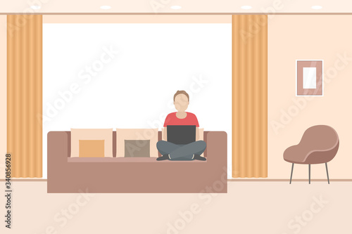 Telework. Man working on laptop at home. Vector illustration.